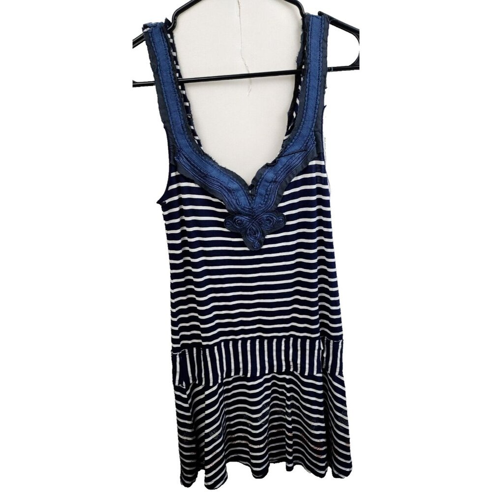 Vintage Free People Womens BOHO Tank Top XS Blue White Embroidered Striped - Picture 1 of 9